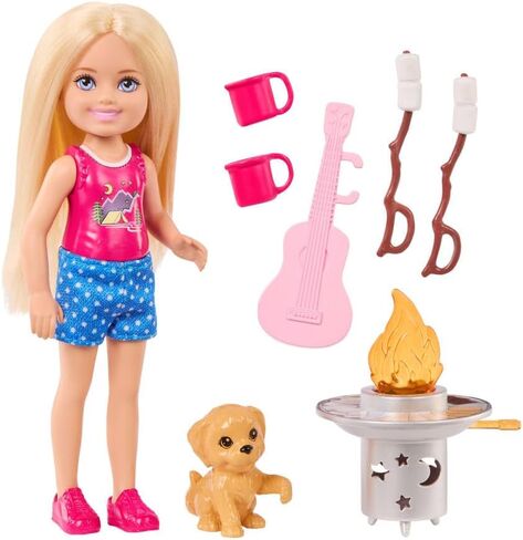 Barbie Chelsea Outdoor Adventures Playset, Family & Friends Set with Small Blonde Doll, Pet Puppy & 5+ Camping Accessories in Kuwait