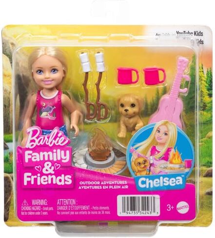 Barbie Chelsea Outdoor Adventures Playset, Family & Friends Set with Small Blonde Doll, Pet Puppy & 5+ Camping Accessories in Kuwait