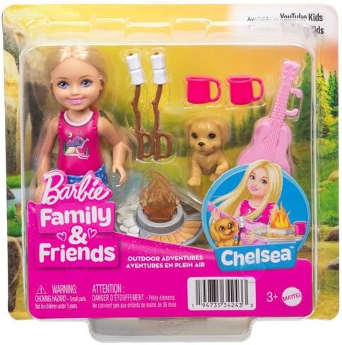 Barbie Chelsea Outdoor Adventures Playset, Family & Friends Set with Small Blonde Doll, Pet Puppy & 5+ Camping Accessories in Kuwait