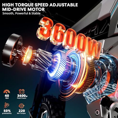 Electric Dirt Bike, 3600W Mid-Drive Motor with Gearbox Electric Motorcycle, 40MPH 40-Mile Range, 48V 21Ah Removable Battery, 14"/12" Fat Tire E Dirt Bike for Teens & Adults (Silver) in Kuwait