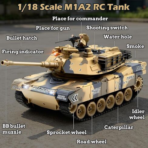 1/18 M1A2 Abrams RC Tank، 60 دقيقة من وقت اللعب، 2.4 جيجا هرتز خزان التحكم عن بعد مع دخان وصوت، ألعاب نموذجية عسكرية للبالغين والأطفال in Kuwait