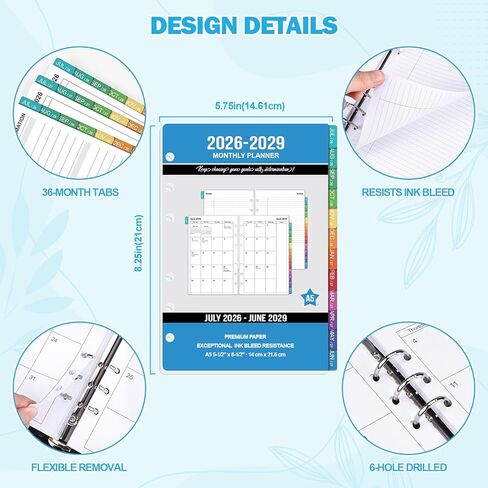 2026-2029 Monthly Planner Refills: 36 Months A5 Planner Inserts for 6-Ring Binder, Runs from July 2026 to June 2029, 6-Hole Punched Calendar Inserts 2026-2029 with Tabs, 5-3/4" x 8-1/4" in Kuwait