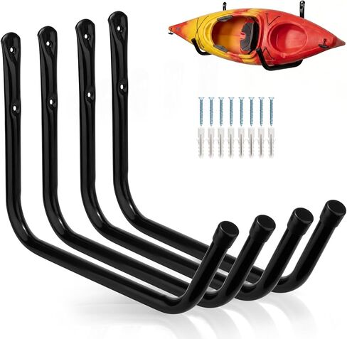 15Inches Jumbo Garage Storage Hooks, Kayak Wall Mount Rack, Heavy Duty Ladders Hangers for SUP Paddle Board, Surfboard, Wake Board, 100 Pound Capacity Canoe Stands (Black, Pack of 4) in Kuwait
