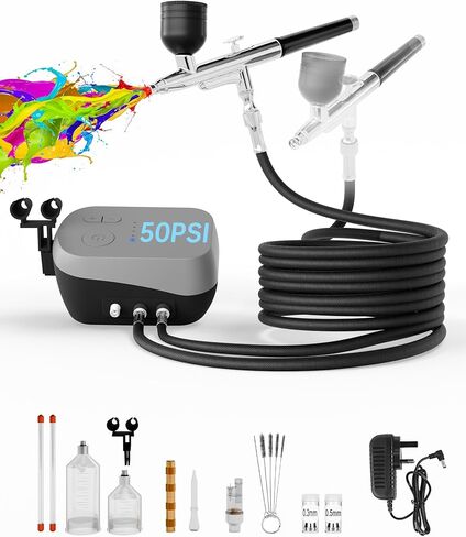 Airbrush Kit with Air Compressor,Dual-Action & Dual-Airflow 50 PSI High Pressure Air Brush with 0.2/0.3/0.5mm Nozzles & Cleaning Sets, for Painting, Nails, Modeling, Makeup, Cake Decor, in Kuwait