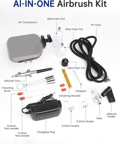 Airbrush Kit with Air Compressor,Dual-Action & Dual-Airflow 50 PSI High Pressure Air Brush with 0.2/0.3/0.5mm Nozzles & Cleaning Sets, for Painting, Nails, Modeling, Makeup, Cake Decor, in Kuwait
