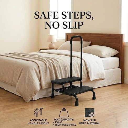 Step Stool with Handle for Elderly, Heavy Duty 2 Step Stool with Handrail for High Beds, Adjustable Non-Slip Bedside Step Stool for Adults, Bathroom Kitchen RV, 300LBS Capacity in Kuwait