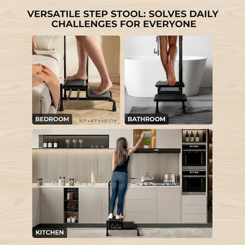 Step Stool with Handle for Elderly, Heavy Duty 2 Step Stool with Handrail for High Beds, Adjustable Non-Slip Bedside Step Stool for Adults, Bathroom Kitchen RV, 300LBS Capacity in Kuwait