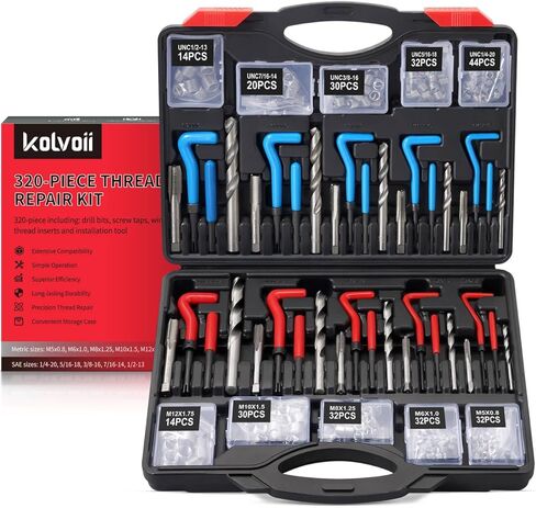 Kolvoii Helicoil Thread Repair Kit 320-Piece, Metric & SAE HSS Drill Bits Tap Set, Spark Plug Engine Stud Insert for Automotive Rethreading Restorer Tool in Kuwait