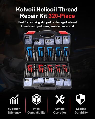 Kolvoii Helicoil Thread Repair Kit 320-Piece, Metric & SAE HSS Drill Bits Tap Set, Spark Plug Engine Stud Insert for Automotive Rethreading Restorer Tool in Kuwait