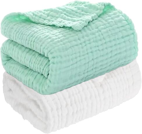 Muslin Baby Blanket 6-Layer 43"x43", 2-Pack, Grey & Green | Soft Cotton Receiving Blanket for Infant Swaddle Blanket Toddler Boys Girls Bath Towel, Newborn Essentials in Saudi Arabia