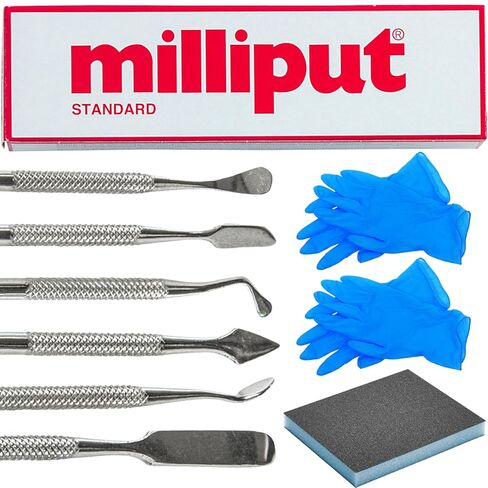 Milliput Epoxy Putty 10 Piece Set, Standard Color - with Sculpting Tools, Sanding Pad and Gloves - Air Dry Moldable Plastic Plumbers Clay - Ceramic Tile, Marble, and Quartz Countertop Chip Repair Kit in Kuwait