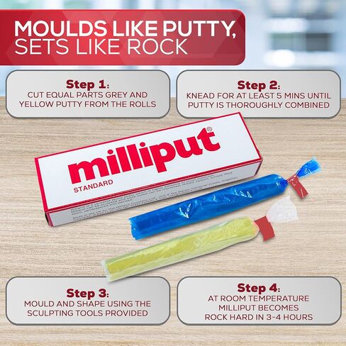 Milliput Epoxy Putty 10 Piece Set, Standard Color - with Sculpting Tools, Sanding Pad and Gloves - Air Dry Moldable Plastic Plumbers Clay - Ceramic Tile, Marble, and Quartz Countertop Chip Repair Kit in Kuwait