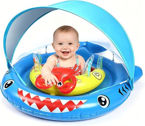 Baby Pool Float with Canopy for 6-36 Months - UPF 50+ Sun Shade Pool Float, Non-Flip Safety Seat with Toy Console, Adjustable Infant Swim Ring for Boys Girls in Kuwait
