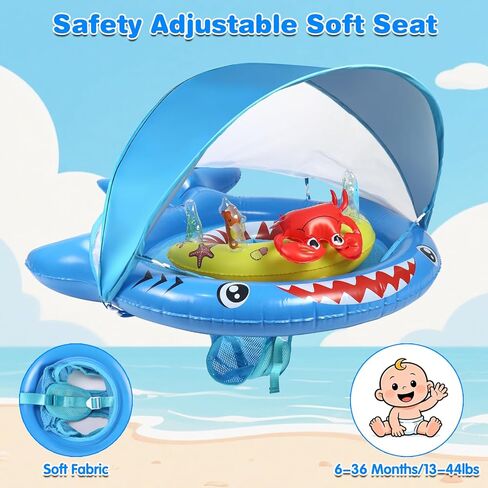 Baby Pool Float with Canopy for 6-36 Months - UPF 50+ Sun Shade Pool Float, Non-Flip Safety Seat with Toy Console, Adjustable Infant Swim Ring for Boys Girls in Kuwait