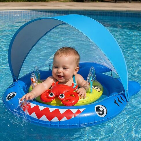 Baby Pool Float with Canopy for 6-36 Months - UPF 50+ Sun Shade Pool Float, Non-Flip Safety Seat with Toy Console, Adjustable Infant Swim Ring for Boys Girls in Kuwait