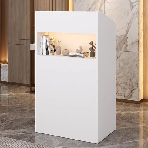 Timechee White Small Reception Desk, Compact Computer Business Front Desk with Adjustable LED Lights and Open Storage Shelves, Modern Office Display Counter Table, Reception Checkout Counter for Store in Kuwait