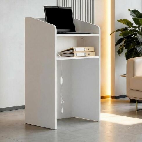 Timechee White Small Reception Desk, Compact Computer Business Front Desk with Adjustable LED Lights and Open Storage Shelves, Modern Office Display Counter Table, Reception Checkout Counter for Store in Kuwait