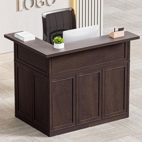 Reception Desk with Counter, Modern L Shaped Reception Desk with Storage Shelves, 52" Retail Counter for Checkout, Lobby, Office, Salon, Coffee in Kuwait