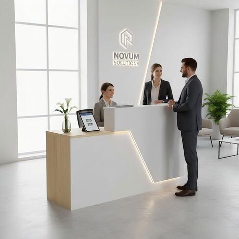 Reception Desk with Counter, Modern Front Desk Reception Counter with Power Outlet, Wireless Charging & LED Light Strip, Large Receptionist Desk for Office Salon Retail Store Lobby in Kuwait