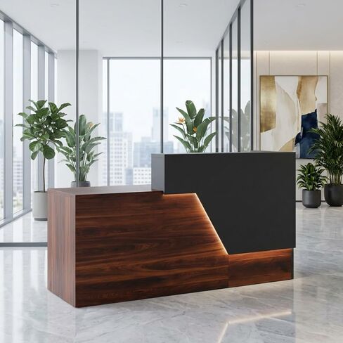 Reception Desk with Counter, Modern Front Desk Reception Counter with Power Outlet, Wireless Charging & LED Light Strip, Large Receptionist Desk for Office Salon Retail Store Lobby in Saudi Arabia