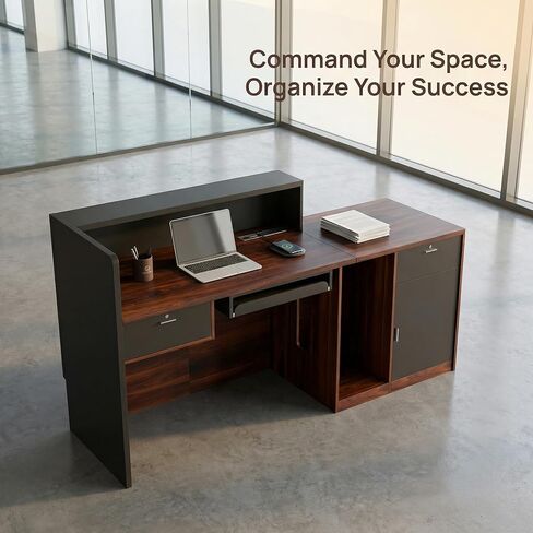 Reception Desk with Counter, Modern Front Desk Reception Counter with Power Outlet, Wireless Charging & LED Light Strip, Large Receptionist Desk for Office Salon Retail Store Lobby in Saudi Arabia