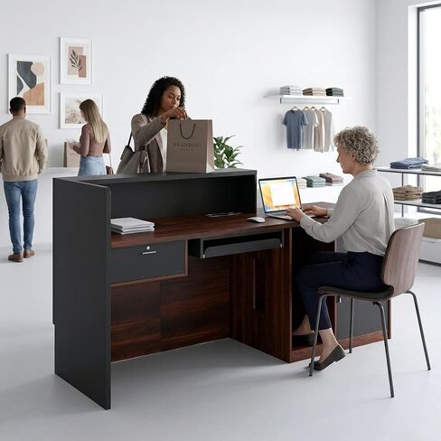 Reception Desk with Counter, Modern Front Desk Reception Counter with Power Outlet, Wireless Charging & LED Light Strip, Large Receptionist Desk for Office Salon Retail Store Lobby in Saudi Arabia
