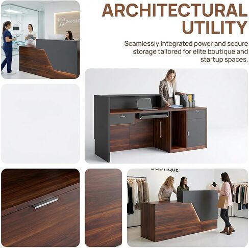 Reception Desk with Counter, Modern Front Desk Reception Counter with Power Outlet, Wireless Charging & LED Light Strip, Large Receptionist Desk for Office Salon Retail Store Lobby in Saudi Arabia