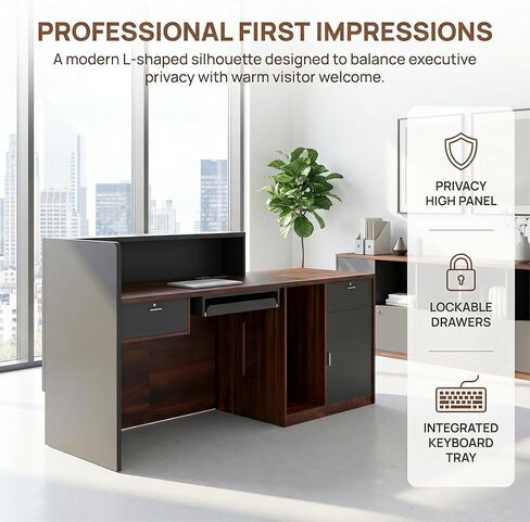 Reception Desk with Counter, Modern Front Desk Reception Counter with Power Outlet, Wireless Charging & LED Light Strip, Large Receptionist Desk for Office Salon Retail Store Lobby in Saudi Arabia