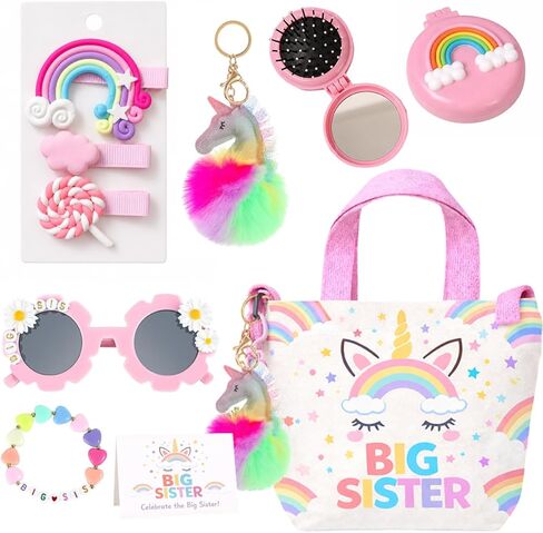 Big Sister Gift Accessory Set with Tote Bag, Rainbow Plush Charm, Hair Barrettes, Bracelet, Sunglasses & Compact Mirror Bag Accessories in Kuwait