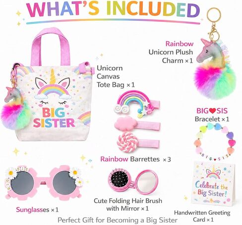 Big Sister Gift Accessory Set with Tote Bag, Rainbow Plush Charm, Hair Barrettes, Bracelet, Sunglasses & Compact Mirror Bag Accessories in Kuwait