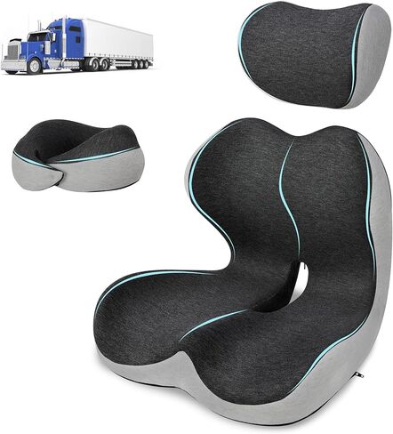 Truck Driver Seat Cushion Set - Memory Foam for Lower Back & Sciatica Pain Relief - Ergonomic Headrest Neck Pillow for Semi Truck & Car Dark Gray in Kuwait