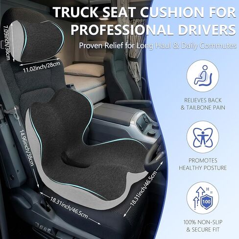 Truck Driver Seat Cushion Set - Memory Foam for Lower Back & Sciatica Pain Relief - Ergonomic Headrest Neck Pillow for Semi Truck & Car Dark Gray in Kuwait