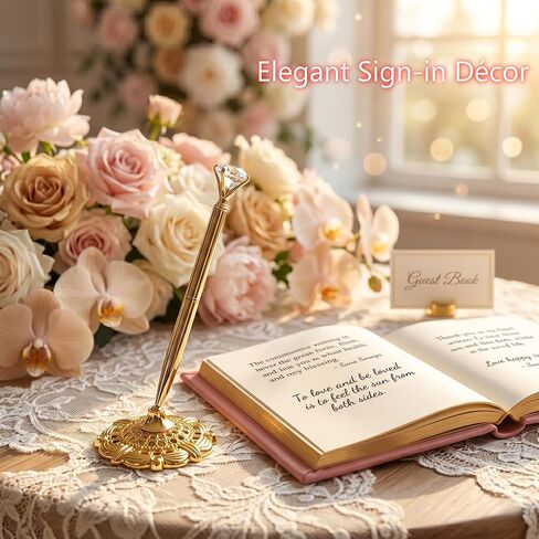 قلم كتاب الضيوف الذهبي مع حامل لحفلات الزفاف (عبوة من قطعتين)، مجموعة أقلام توقيع بالحبر الأسود بدون تلطيخ لحفلات الزفاف والذكرى السنوية وحفلات التخرج وديكور مكتب مكتب أنيق in Kuwait