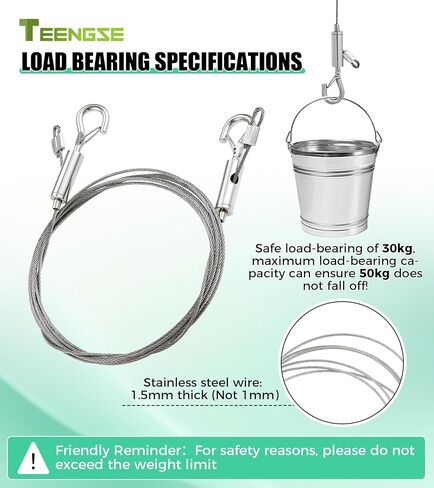 Picture Hanging Wire Kit, TEENGSE 4 Pcs Adjustable 2m x 1.5mm Mirror Hanging Wires with 8 x 3-Hole D-Rings and 24 x Screws, Load Bearing 50Kg, Used for Pictures, Mirrors, Photo Frames, Billboards in Kuwait