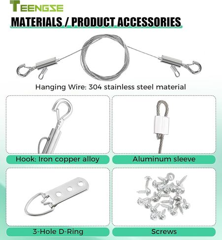 Picture Hanging Wire Kit, TEENGSE 4 Pcs Adjustable 2m x 1.5mm Mirror Hanging Wires with 8 x 3-Hole D-Rings and 24 x Screws, Load Bearing 50Kg, Used for Pictures, Mirrors, Photo Frames, Billboards in Kuwait