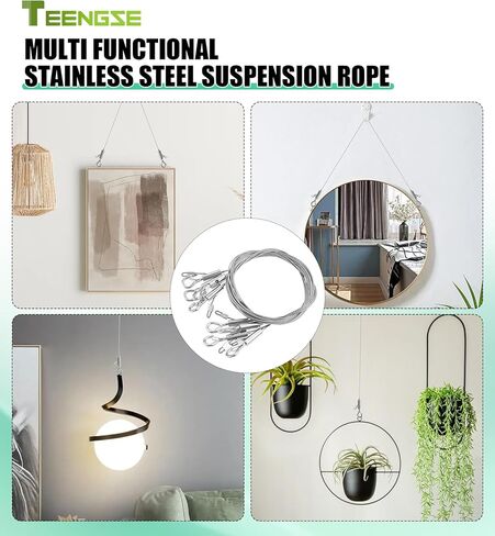 Picture Hanging Wire Kit, TEENGSE 4 Pcs Adjustable 2m x 1.5mm Mirror Hanging Wires with 8 x 3-Hole D-Rings and 24 x Screws, Load Bearing 50Kg, Used for Pictures, Mirrors, Photo Frames, Billboards in Kuwait
