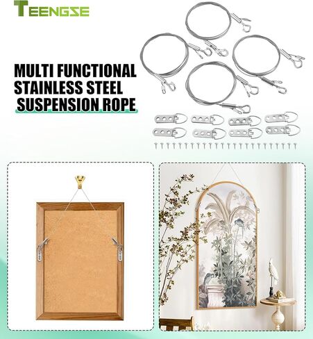 Picture Hanging Wire Kit, TEENGSE 4 Pcs Adjustable 2m x 1.5mm Mirror Hanging Wires with 8 x 3-Hole D-Rings and 24 x Screws, Load Bearing 50Kg, Used for Pictures, Mirrors, Photo Frames, Billboards in Kuwait