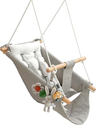 Baby Swing Indoor Outdoor, Canvas Hammock Swing for Infant to Toddler With Comfort Footrest, Montessori Toys, Upgraded 5-Point Harness for Secure Fit, 3 Modes, Gift for Baby Boys Girls, Grey and White in Kuwait