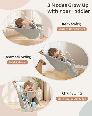 Baby Swing Indoor Outdoor, Canvas Hammock Swing for Infant to Toddler With Comfort Footrest, Montessori Toys, Upgraded 5-Point Harness for Secure Fit, 3 Modes, Gift for Baby Boys Girls, Grey and White in Kuwait