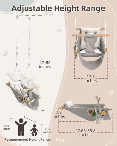 Baby Swing Indoor Outdoor, Canvas Hammock Swing for Infant to Toddler With Comfort Footrest, Montessori Toys, Upgraded 5-Point Harness for Secure Fit, 3 Modes, Gift for Baby Boys Girls, Grey and White in Kuwait