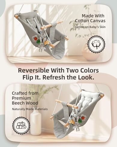Baby Swing Indoor Outdoor, Canvas Hammock Swing for Infant to Toddler With Comfort Footrest, Montessori Toys, Upgraded 5-Point Harness for Secure Fit, 3 Modes, Gift for Baby Boys Girls, Grey and White in Kuwait