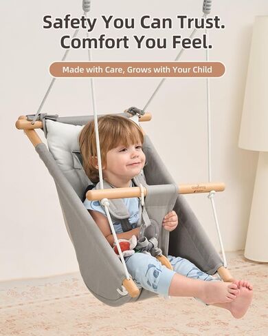 Baby Swing Indoor Outdoor, Canvas Hammock Swing for Infant to Toddler With Comfort Footrest, Montessori Toys, Upgraded 5-Point Harness for Secure Fit, 3 Modes, Gift for Baby Boys Girls, Grey and White in Kuwait