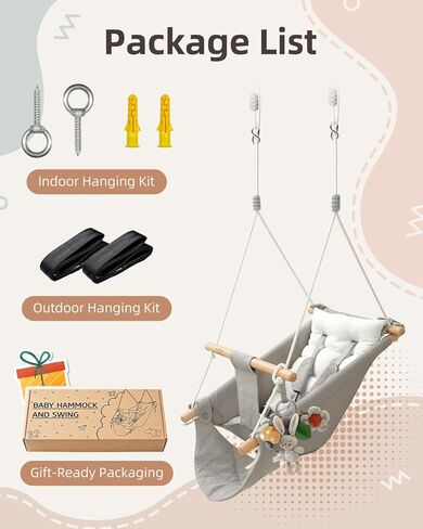 Baby Swing Indoor Outdoor, Canvas Hammock Swing for Infant to Toddler With Comfort Footrest, Montessori Toys, Upgraded 5-Point Harness for Secure Fit, 3 Modes, Gift for Baby Boys Girls, Grey and White in Kuwait