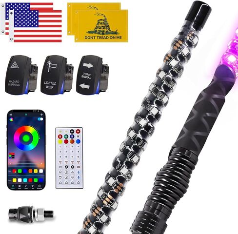 ZIMABLUE 2PC 2FT أضواء سوط الدهون جنبًا إلى جنب، التطبيق والتحكم عن بعد RGB مطاردة ضوء سوط مع 3 مفاتيح لشاحنة ATV UTV Dune Buggy Truck، ضوء سوط LED متوافق مع Polaris RZR Can-Am Maverick X3 in Kuwait