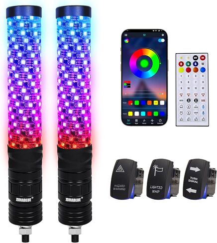 ZIMABLUE 2PC 2FT أضواء سوط الدهون جنبًا إلى جنب، التطبيق والتحكم عن بعد RGB مطاردة ضوء سوط مع 3 مفاتيح لشاحنة ATV UTV Dune Buggy Truck، ضوء سوط LED متوافق مع Polaris RZR Can-Am Maverick X3 in Kuwait