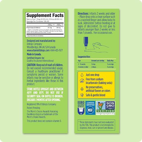 Ddrops Baby Tummy Relief Liquid Drops, Organic Gripe Water for Newborns, Relief from Gas, Colic, Fussiness and Hiccups, Just One Drop, Herbal Ingredients, 120 Drops in Saudi Arabia