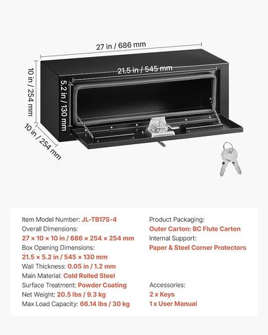 صندوق أدوات شاحنة VEVOR Underbody، مقاس 27 × 10 × 10 بوصة، صندوق تخزين مقطورة فولاذي شديد التحمل مع قفل ومفاتيح، منظم تخزين مقطورة مقاوم للماء أسفل صندوق الجسم مع مقبض على شكل حرف T للشاحنة والشاحنة وسيارات الدفع الرباعي باللون الأسود in Kuwait