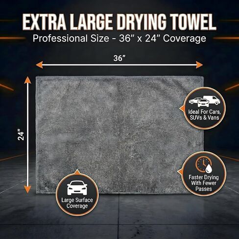 Car Drying Towel Extra Large 36" x 24" 1400 GSM Twisted Loop Microfibre - Charcoal Drying Towel Car Detailing, Double-Sided Edgeless Design, Super Absorbent, Durable Machine Washable and Lint-Free in Kuwait