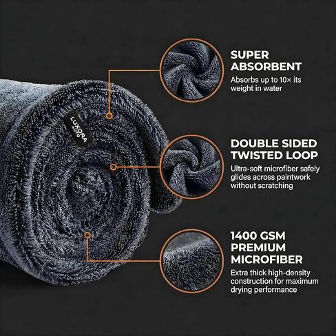 Car Drying Towel Extra Large 36" x 24" 1400 GSM Twisted Loop Microfibre - Charcoal Drying Towel Car Detailing, Double-Sided Edgeless Design, Super Absorbent, Durable Machine Washable and Lint-Free in Kuwait