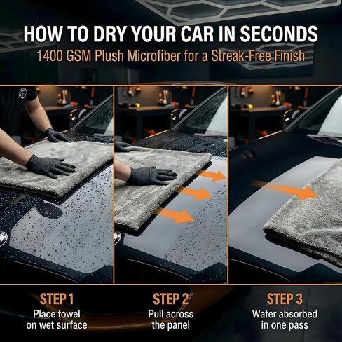 Car Drying Towel Extra Large 36" x 24" 1400 GSM Twisted Loop Microfibre - Charcoal Drying Towel Car Detailing, Double-Sided Edgeless Design, Super Absorbent, Durable Machine Washable and Lint-Free in Kuwait